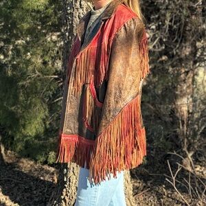 Double D Ranch Red and Brown Leather Fringe Jacket